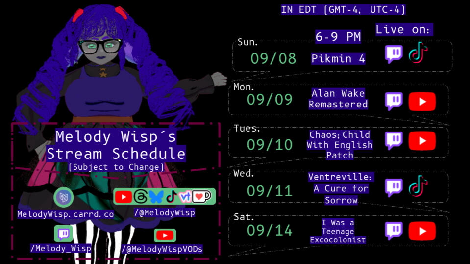 Stream schedule graphic for September 8th to 14th 2024. Actual alt text on Imgur (not available yet)