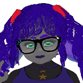 Close-up of Melody Wisp with dark purple twintails and red bows. They have thick, dark purple eyebrows, bright green sheep eyes, and wide, black framed eyeglasses with musical notes on the right frame and a cloud, sun, and crescent moon on the left.