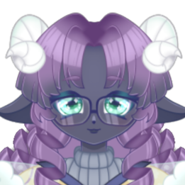 Close-up of Melody Wisp in Live2D. they have curly purple hair, glasses, sheep ears, and curly horns. created by NymoiraVT